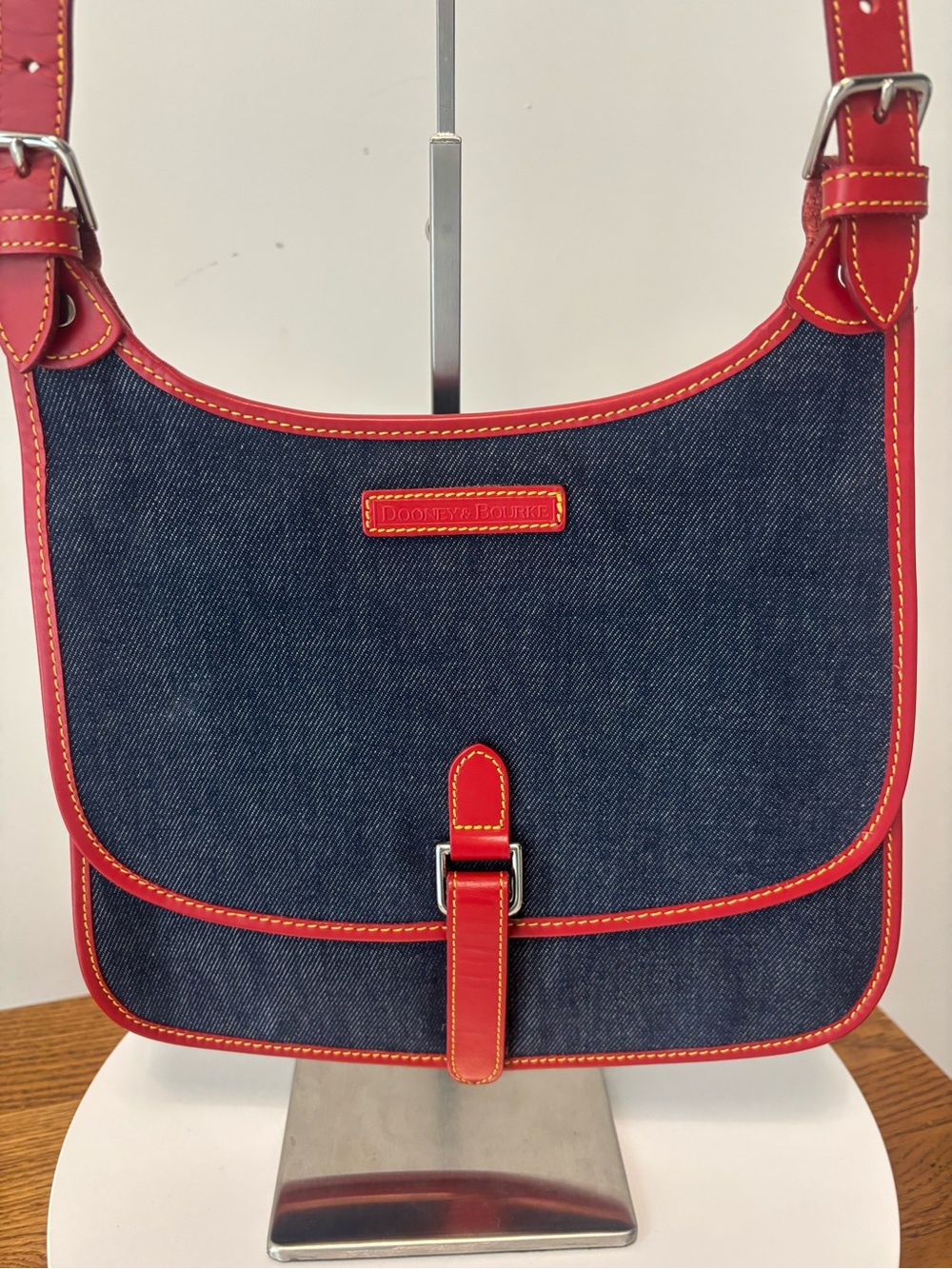Dooney & Bourke Vintage Denim Saddle Bag w/Red Leather Trim